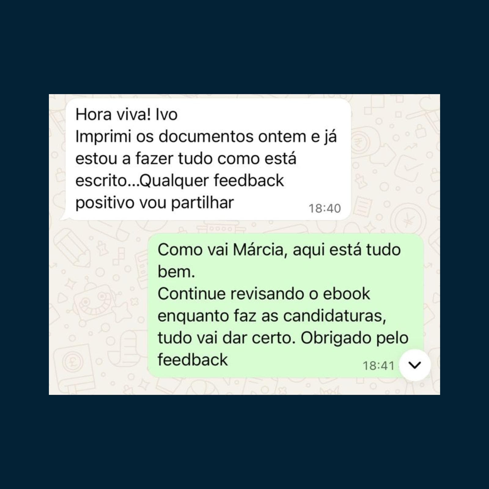 Mensagem de WhatsApp sobre o ebook da MozCV ter ajudado a conseguir uma vaga