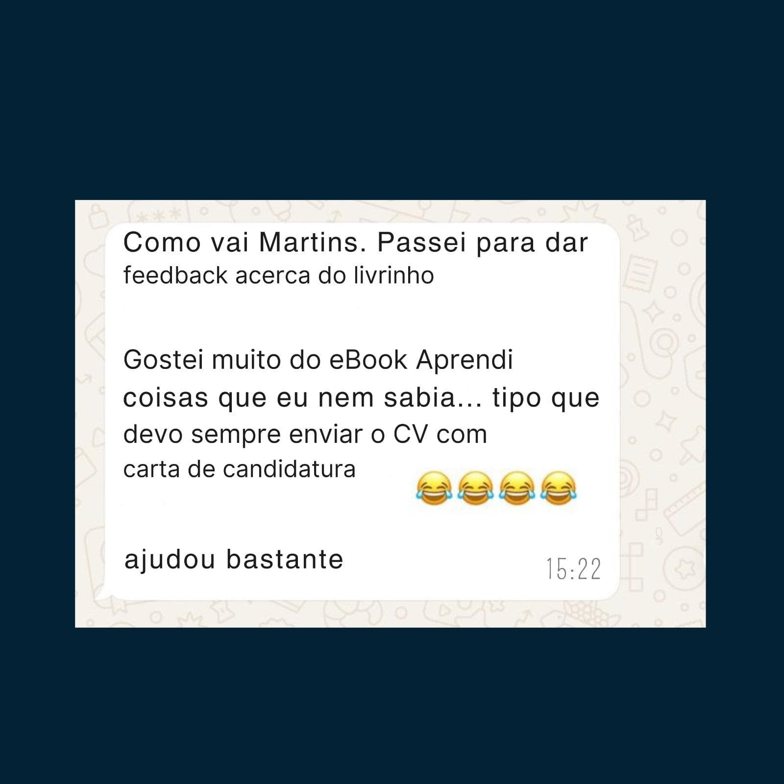 Mensagem de WhatsApp a dizer que o ebook da MozCV está a ser seguido passo a passo